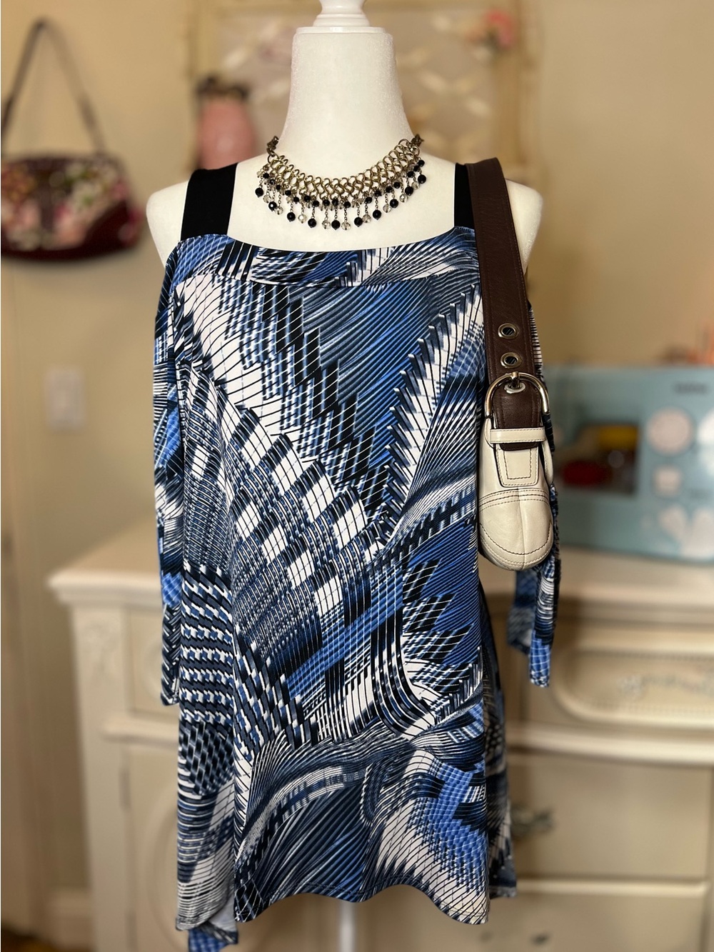 Avenue Blue and Black Patterned Sleeveless Blouse